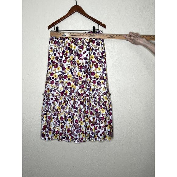J.Crew skirt size M tiered midi floral burgundy/yellow elastic waiset adjustable - Picture 4 of 10